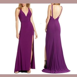 NWT $278 Ienna for Mac Duggal [ 10 ] Deep‎ V-Neck Slit Jersey Gown Aubergine